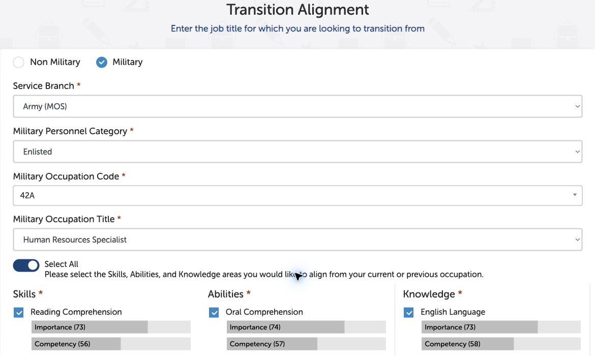 Army enlisted 42A Human Resources Specialist alignment screen